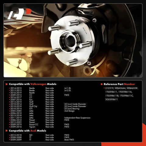 Close-up of Two Piece Rear Wheel Bearing And Hub Assembly Set For Audi And Volkswagen Vehicles 2005 To 2022, uninstalled.