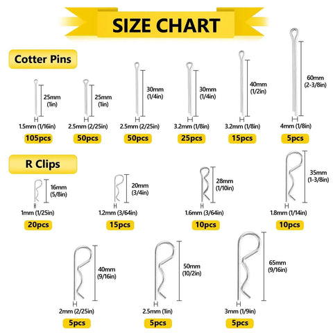 Size chart of Cotter Pins Kit, 320Pcs Stainless Steel Hairpin Clips And R Clips For Automotive, with dimensions and quantities.
