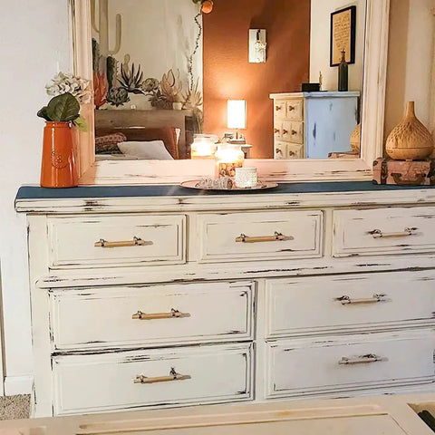 White dresser with 10 Pack Wooden Drawer Pulls And Knobs Natural Wood And Metal T Bar Cabinet Handles, modern Scandi style in bedroom.