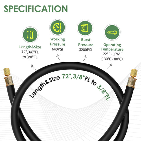 Half Inch HVAC Vacuum Hose With Three Eighths Inch Fittings Six Feet Long High Flow Refrigerant Evacuation Line specification chart
