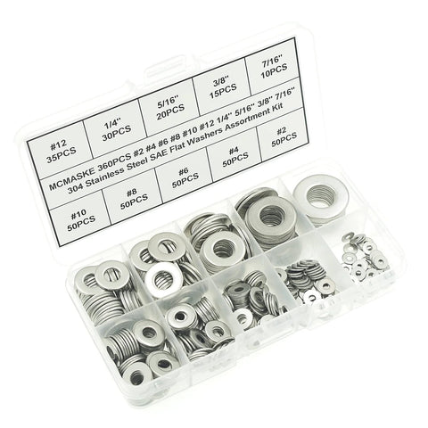 MCMASKE 360-PCS stainless steel SAE flat washers assortment kit in clear plastic storage box; sizes #2 to 7/16 inch