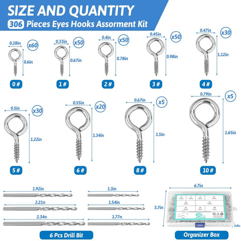 Nine Size Eye Hooks Screws Kit 306 Piece Assortment Nickel Plated For Waterproof Durability With 9 Sizes Includes 6 Drill Bits And Storage Box