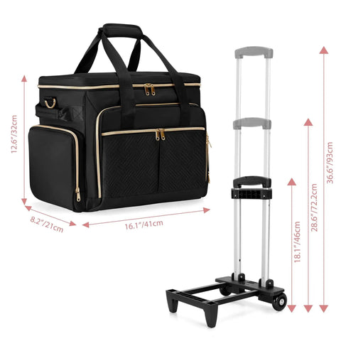 Rolling Teacher Bag With Wheels And Detachable Trolley Black Fits 15.6 Inch Laptop, displaying size measurements alongside the trolley.