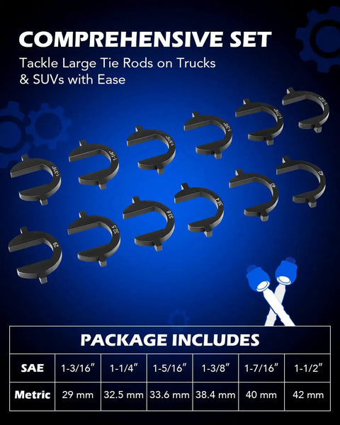 Inner Tie Rod Removal Tool Kit With 12 Crowfoot Adapters One Half Inch Drive showing various adapter sizes