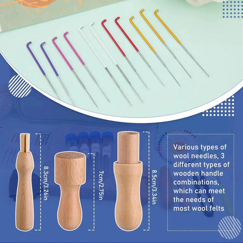 Felting Kit for DIYers and Crafters Includes 6x6 Felt Pad, 40 Assorted Needles shown with wooden handles for wool felting.