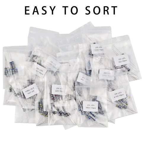 Assorted carbon film resistors, 2W, 25 values, 0.68Ω-1MΩ, 250 pcs in clear plastic bags
