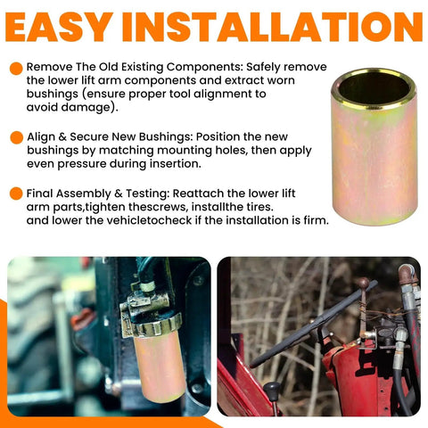 Six Pack Universal Lower Lift Arm Bushings For Cat II To I Hitch Systems, installation instructions and close-up of bushing in use.