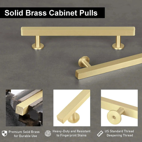 5 Pack Solid Brass Cabinet Handles With Brushed Brass Square T Bar Pulls 5 Inch Center Hole, shown in detail with matte finish.