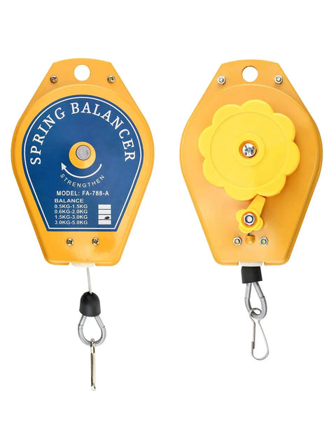 Heavy Duty Spring Balancer Set 2 Pack Retractable Tool Holder With Steel Cable And Alloy Hook Supports 3.3 To 6.6 Lb Load Torsion Adjustable Ideal For Assembly Lines And Workshop Tasks Keeps Tools Handy And Safe, front and back view