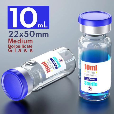 Sterile empty borosilicate glass vial with blue flip-top cap, 10 mL, 22x50mm, 2 pcs