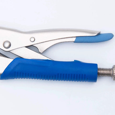 Close-up of 10 Inch Welding Pipe Pliers With Locking C Clamp And Large Adjustable V Pads, blue ergonomic grip, side view.