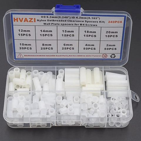 White Nylon Unthreaded Clearance Spacers And Standoffs Kit With 6.3mm Outer Diameter And 4.2mm Inner Diameter, Wall Plate Spacers For M4 Screws in a plastic box