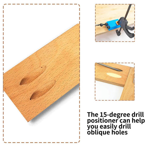 Pocket Hole Jig Kit For Woodworking With 15 Degree Drill Guide And Durable Aluminum Fixture in use showing oblique holes