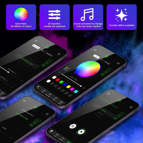 App interface for Dual Color 20W Twinkle Starlight Headliner Kit, showing color selection and sound activation features.