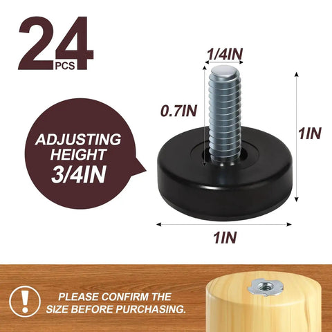 Round One Quarter Inch Thread Furniture Feet Levelers, 24 Pcs, Black, adjustable height 3/4 inch screw, size details shown.
