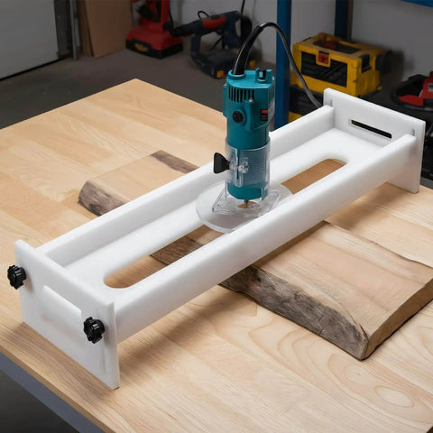 Beefy Adjustable Slab Flattening Jig For Router Sled 48 Inch HDPE Benchtop Mill Slab Jig with a router, white on wooden surface.