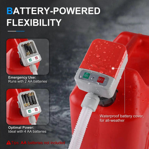 Battery Powered Fuel Transfer Pump With Auto Stop Sensor 3.2 GPM 51 Inch Hose Four Tank Adapters Portable Gas Can Pump For Gasoline And Diesel Red No Fuss Effortless No Spill Pouring with waterproof battery cover on red fuel can.
