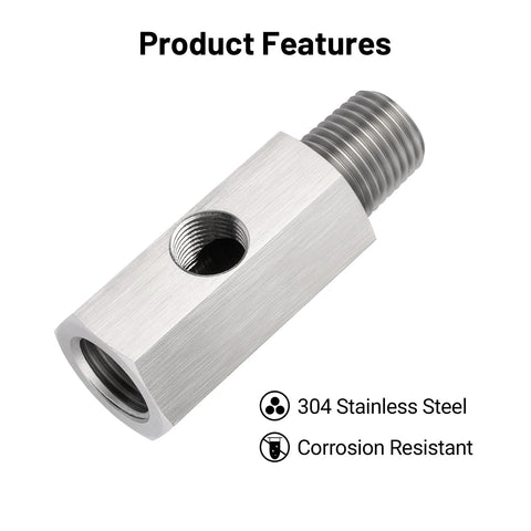 EVIL ENERGY 1/4 NPT oil pressure sensor tee adapter in stainless steel with male end and 1/8 NPT female port