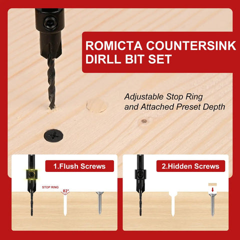 Woodworking Countersink Drill Bit Set 15 Piece Kit With M2 Cobalt HSS Tapered Bits Quick Change Quarter Inch Hex Depth Stop Collars 82 Degree Counterbore Wood Plug Cutters And Sturdy Storage Case For Pros And DIYers showing drill operation on wood surface with adjustable stop ring feature.