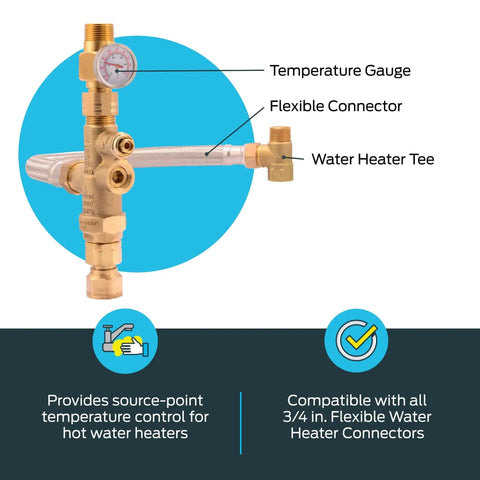 Three Quarter Inch Tank Booster Water Heater With Thermostatic Mixing Valve And Braided Hose For Domestic And Commercial Use Easy Install Compatible With PEX Pipe PERT CPVC Copper Gas Electric And Tankless Systems From Cash Acme shown with temperature gauge and flexible connectors.