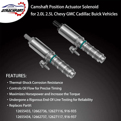 Camshaft Position Actuator VVT Solenoid For 2.0L And 2.5L Chevy Malibu Impala Colorado Cadillac ATS GMC Canyon Buick Envision And More Replaces 12655433 12655434 OEM Fit For Smoother Idle And Better Fuel Economy, front view showing dual solenoids on black background.