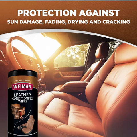 Leather Care Wipes With Microfiber Cloth For Quick Easy Cleaning Conditioning And UV Protection To Keep Leather From Cracking Or Fading On Couches Car Seats Shoes Weiman 2 Pack beside tan leather car seats in a sunlit interior.