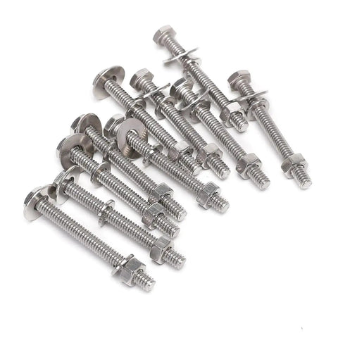 All In One 5/16-18 Stainless Steel Hex Bolt Set With Nuts, Washers And Lock Washers, Fully Threaded 304 Bright Finish, bolts arranged