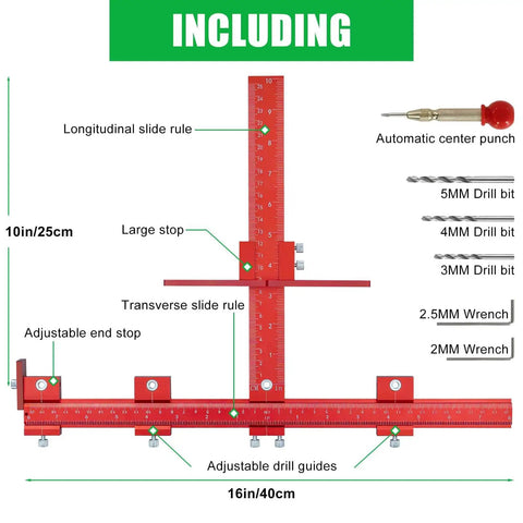 Diagram of Built Tough Aluminum Cabinet Handle Jig For Precise Drawer Pull Installations With 50 Percent Thicker Frame And Dual Screw Lock Drill Guide Template Tool with slide rules and wrenches.