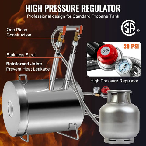 Stainless steel high pressure regulator for standard propane tank with reinforced joint and gauge, 30 PSI shown