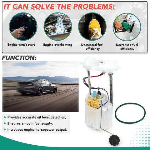 Fuel Pump Module Assembly Replacement For Chrysler 300 Dodge Challenger Charger Magnum Suits 2.7L 3.5L 3.6L 5.7L 6.1L 6.4L Hemi V8 V6 Engines Fits 2005 Through 2017 Models E7192M visible with car image and features list