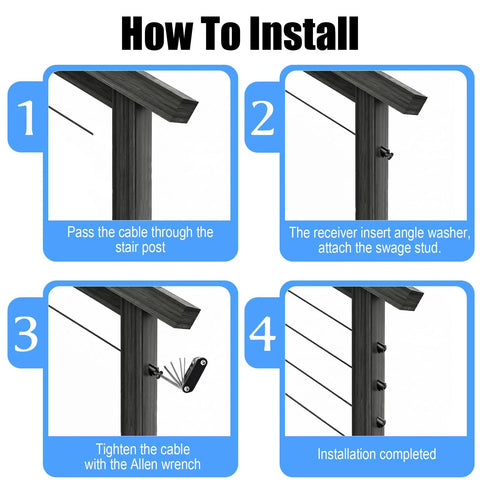 Afcabakila 20-pack black 5/16 in ID angle washers for cable railing; installation guide illustration