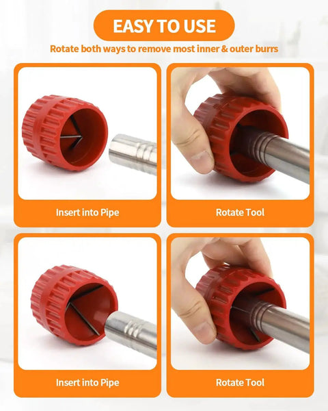 All In One Depth Gauge And Pipe Deburring Tool Kit For PVC CPVC PPR PERT Copper Brass showing usage for inner and outer burr removal