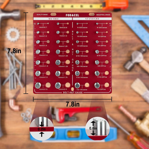 28 Thread Checker Tool For Nuts And Bolts Screw Identifier With 14 Metric And 14 Standard Sizes Rugged Square Design For Mechanics And DIY Projects Red displayed with metric and standard sizes on a workshop table.