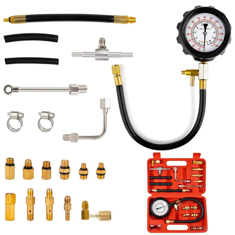 0 To 140 PSI Fuel Pressure Tester Kit For Fuel Injectors And Pumps, including hoses, adapters, and gauge in red case