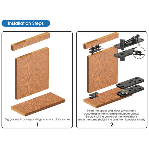 Installation steps for Heavy Duty Pivot Hinge Hardware Kit For Hidden Secret Doors And Bookcase Doors, showing wood panels and hinges.