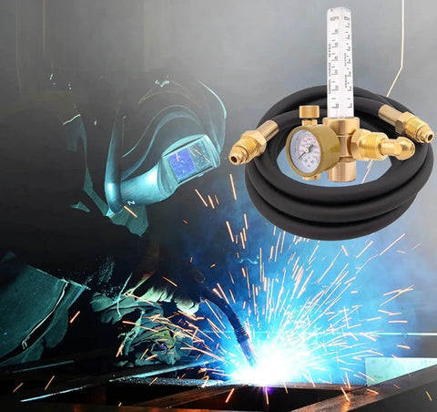 Argon And CO2 Gas Regulator For MIG Welder With 6.6 Foot Hose, 0 To 4000 Psi Output, shown during welding with blue sparks