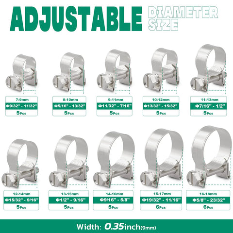 Automotive 52pcs 304 stainless steel fuel line clamp set, adjustable 7-9mm to 16-18mm for fuel hoses.
