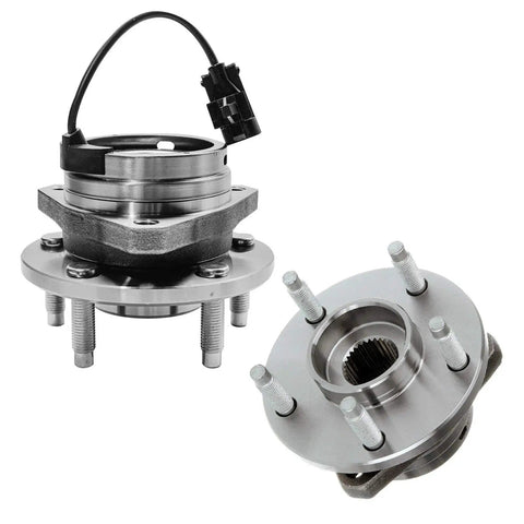Front Wheel Bearing Hub Kit With Lug Nuts For Chevy Malibu 2004-2012, Cobalt 2008-2010, HHR 2008-2010, Pontiac G6 2005-2010, Saturn Aura 2007-2009, 5 Lug ABS Compatible shown in steel material, featuring two hub assemblies with ABS sensor wires and five lug bolts.