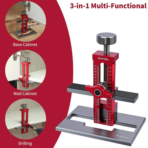 Three In One Cabinet Door Mounting Jig With Support Base For Frameless Or Face Frame Cabinets, Adjustable Aluminum Alloy Hardware Jig For Wall And Base Cabinets, Pro Grade Installation Tool For Precise Drilling And Mounting, shown with drilling demonstrations.