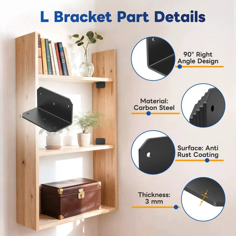 4 Inch Black L Bracket For Wood Projects Heavy Duty 90 Degree Corner Brace details with material, coating, and thickness description