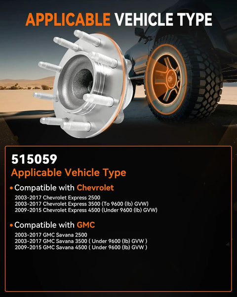 Two Pack Front Wheel Bearing Hub Assembly For Chevy Express 2500 3500 And GMC Savana 2500 3500 With ABS 8 Lug Replacement 515059