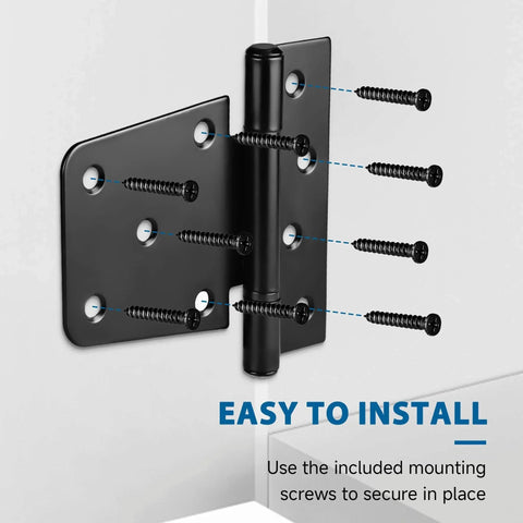 3.5 Inch Heavy Duty Gate Hinges 2 Pack Black Iron Extra Thick T Gate Hinges installed on white surface with screws visible