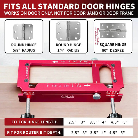 Durable Aluminum Door Hinge Jig Router Template Kit With Adjustable Mortise From Guhiwuk Fits From Two And A Half Inches To Five Inches In Length And Thickness, Includes Quarter Radius, Five Eighths Radius And Square Corner Types For Hinge Mortises shown with measurements and hinge options