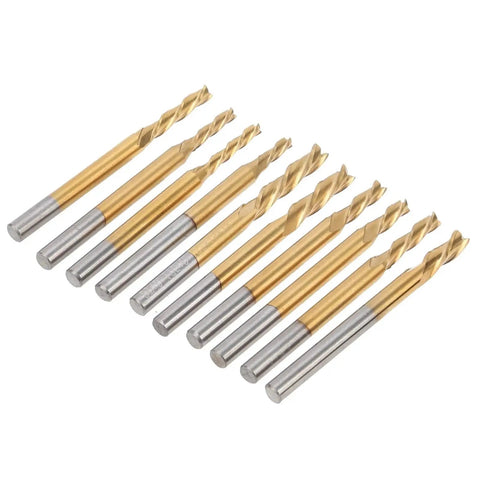 Front view of 10 Piece 3 Flute End Mills Pro Grade Round Shank CNC Milling Cutters Ti Plated Tungsten Steel For Engraving Drilling Milling And Cutting Hardwood Plywood Acrylic Plastic Fiber Resin PCB Projects.