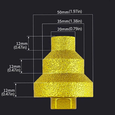 Diamond Brazed Step Drill Bit Set 20mm 35mm 50mm Cone Core Bits for Concrete Tile Marble Gold Finish side view with dimensions