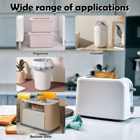 Various applications of furniture with Self Adhesive Caster Wheels Set Black 8 Pieces, shown under organizer, humidifier, bins, and table.