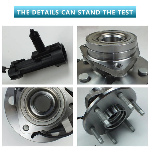 Front Wheel Bearing Hub Assembly 4WD Compatible With GM Trucks And SUVs Including Silverado Tahoe Avalanche Suburban Express 1500 2500 Sierra Yukon XL Escalade ABS, showing detailed close-ups of the assembly parts and metal components.
