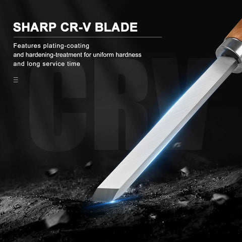 Premium 8 Piece Wood Turning Chisel Set For Lathe Turning With 2 Skew Chisels 1 Spear Point 1 Parting Tool 1 Round Nose And 3 Gouges For Beginners Hobbyists And Pros Portable High Quality Lathe Tools HT0237 WW showing a close-up of a sharp CR-V blade on a wood chisel.
