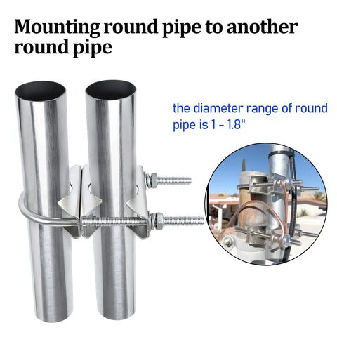 Double antenna mast clamp kit for two stainless steel round pipes with U-bolts; heavy-duty mounting hardware