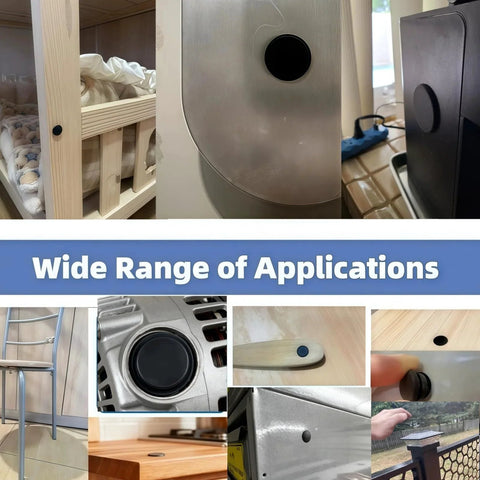 Collage of applications for 125 Pieces Black Rubber Round Hole Plugs Set In Eight Sizes Silicone Plugs For Round Holes For Furniture Office Kitchen Automotive One Inch Three Quarter Inch Five Eighths Inch One Half Inch Three Eighths Inch Five Sixteenths Inch One Quarter Inch One